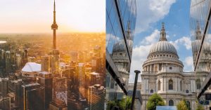 A split photo of two different cities, one with the sun setting and the other with a building.