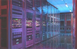 Rows of servers in a data center.